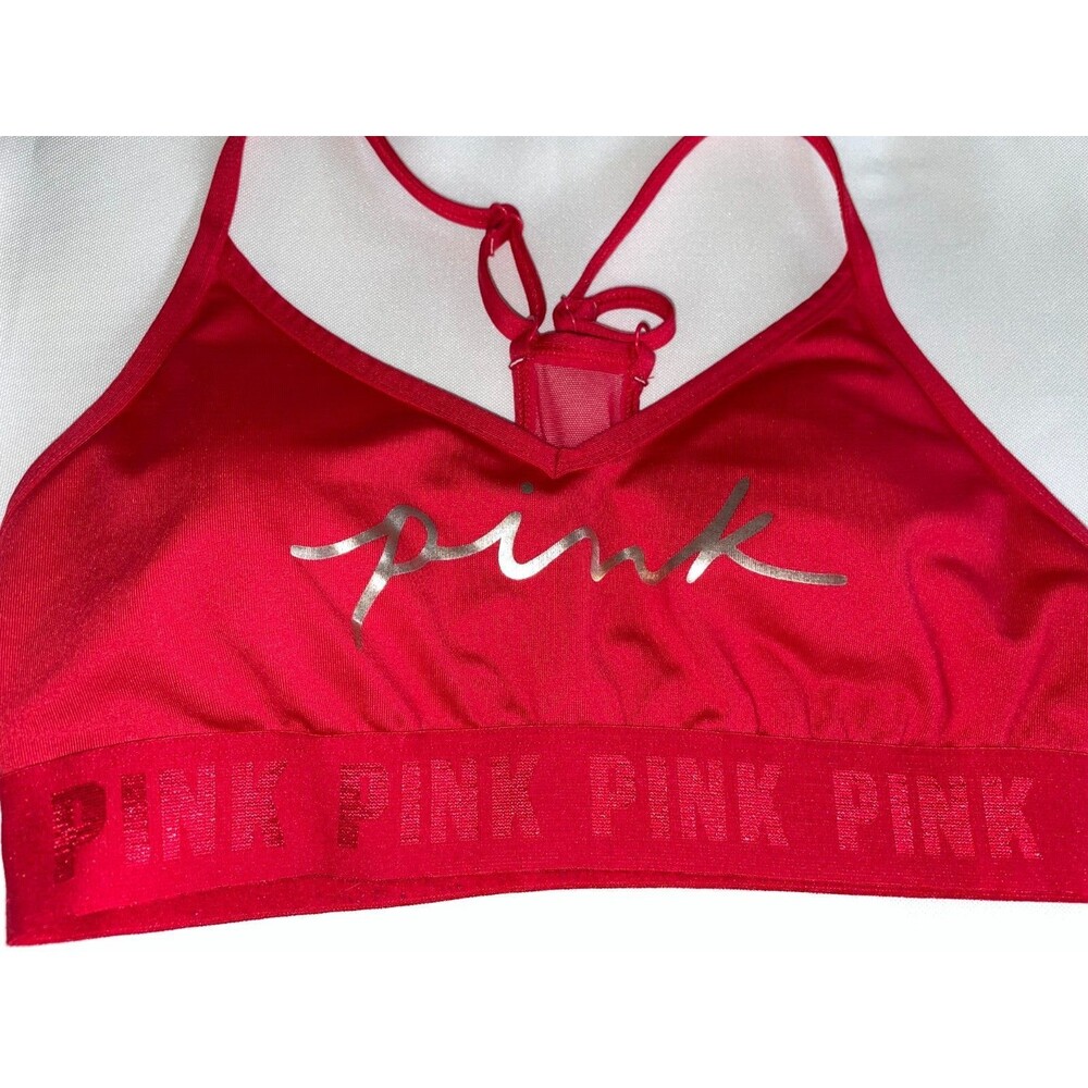 Victoria’s Secret PINK Active Sport Bra S Red Gold Script Logo Mesh women's